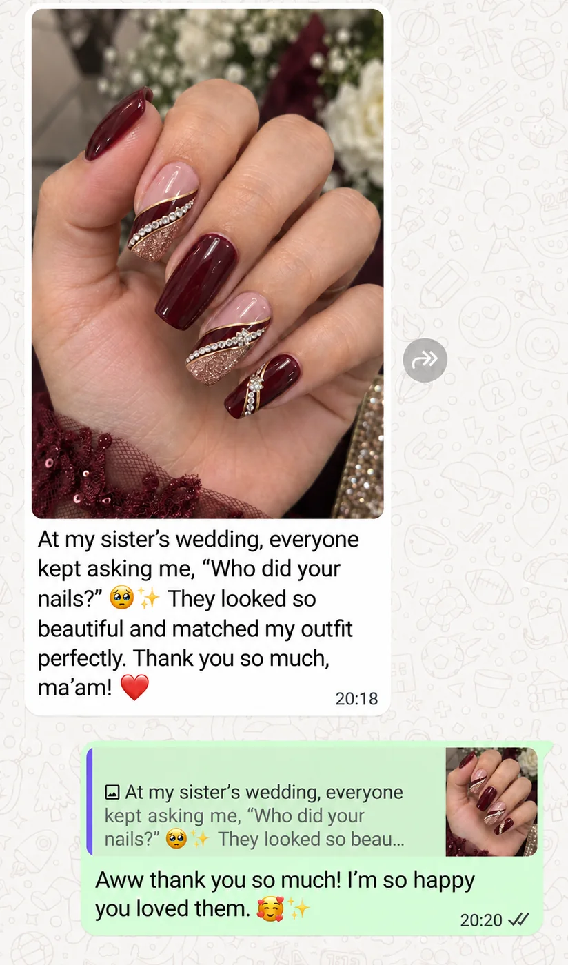 Real WhatsApp client feedback about a sister's wedding nail set