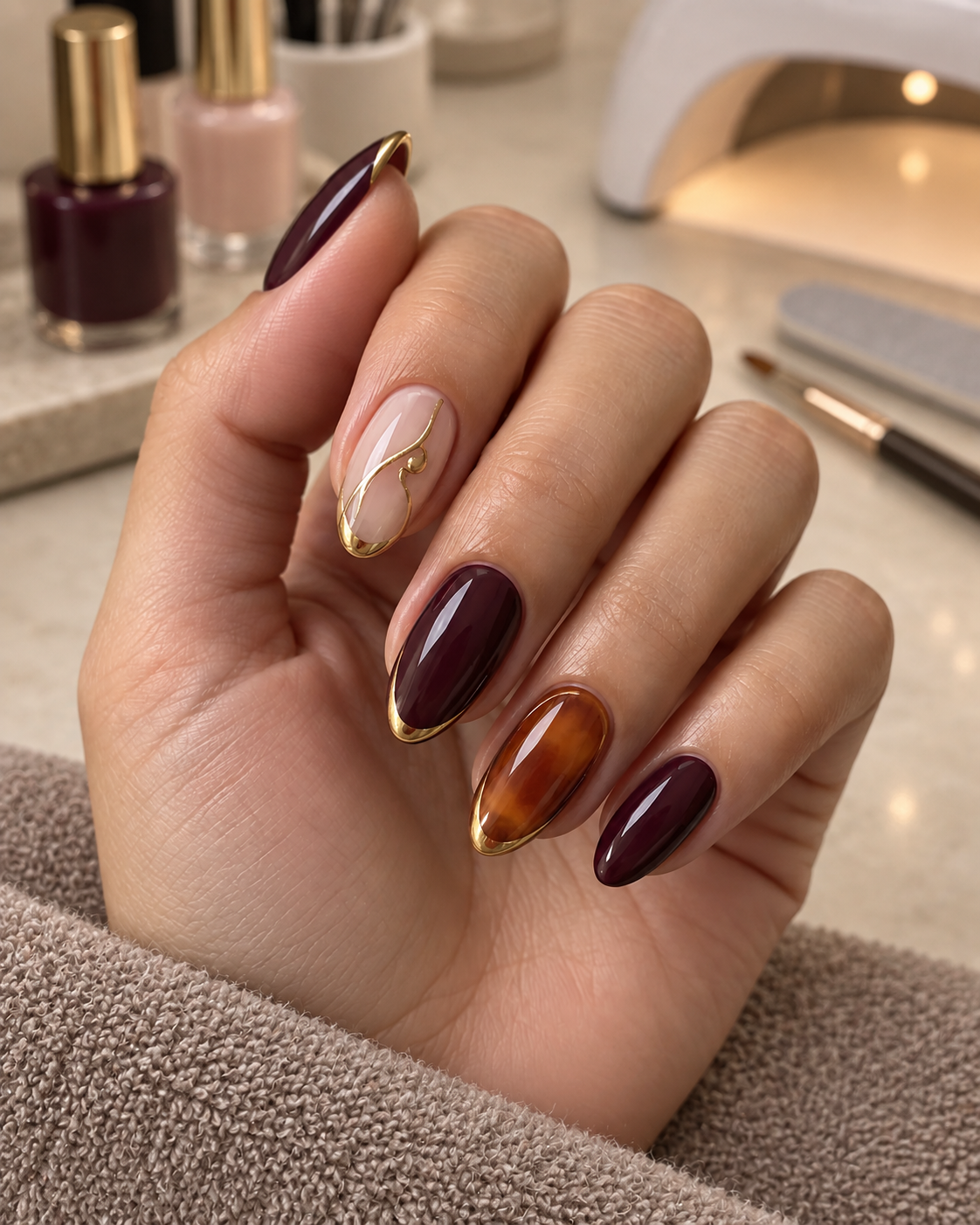 Wine, amber and blush nails with fine gold outline details